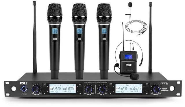 Main image of 4 Channel UHF Wireless Microphone System with 3 Handheld Mics, Lavalier & Headset Mic, 300 Ft Range, Selectable Frequencies & Rack Mount Receiver for Conferences, Hosting, Church & PA Systems
