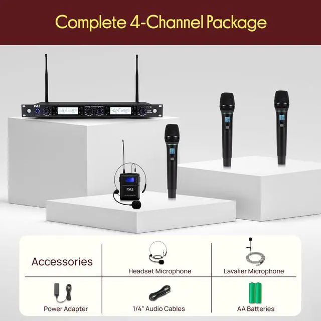 Alt view image 7 of 7 - 4 Channel UHF Wireless Microphone System with 3 Handheld Mics, Lavalier & Headset Mic, 300 Ft Range, Selectable Frequencies & Rack Mount Receiver for Conferences, Hosting, Church & PA Systems
