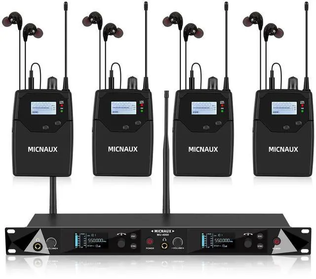 Main image of Wireless in Ear Monitor System, 2 Channel UHF Pro Mono IEM System for Singer Musicians, 2x40 Frequencies, 330ft Range, Rack Mount Transmitter and Bodypacks Receiver for Band, Studio (4 Pack)