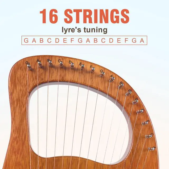Alt view image 2 of 7 - Lyre Harp, 16 Metal Strings Maple Saddle Mahogany Body Lyra Harp with Carved Note Tuning Wrench Pick up Strings and Black Gig Bag