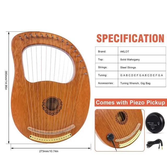 Alt view image 3 of 7 - Lyre Harp, 16 Metal Strings Maple Saddle Mahogany Body Lyra Harp with Carved Note Tuning Wrench Pick up Strings and Black Gig Bag