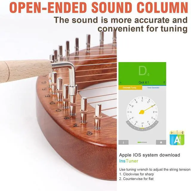 Alt view image 4 of 7 - Lyre Harp, 16 Metal Strings Maple Saddle Mahogany Body Lyra Harp with Carved Note Tuning Wrench Pick up Strings and Black Gig Bag