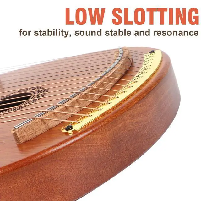 Alt view image 5 of 7 - Lyre Harp, 16 Metal Strings Maple Saddle Mahogany Body Lyra Harp with Carved Note Tuning Wrench Pick up Strings and Black Gig Bag