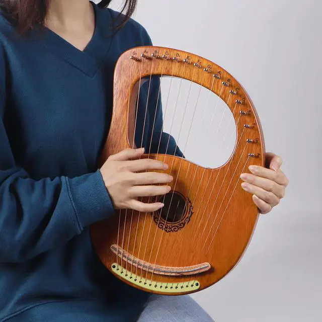 Alt view image 7 of 7 - Lyre Harp, 16 Metal Strings Maple Saddle Mahogany Body Lyra Harp with Carved Note Tuning Wrench Pick up Strings and Black Gig Bag