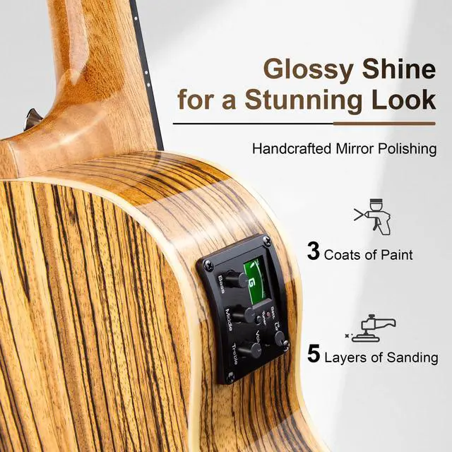 Alt view image 4 of 6 - 30 inch CB103 Zebra wood High Gloss Baritone Electric Ukulele | Professional LCD color display Ukelele Kit Beginner Travel Guitar Starter Pack Bundle, Padded Gig Bag, Strap Set