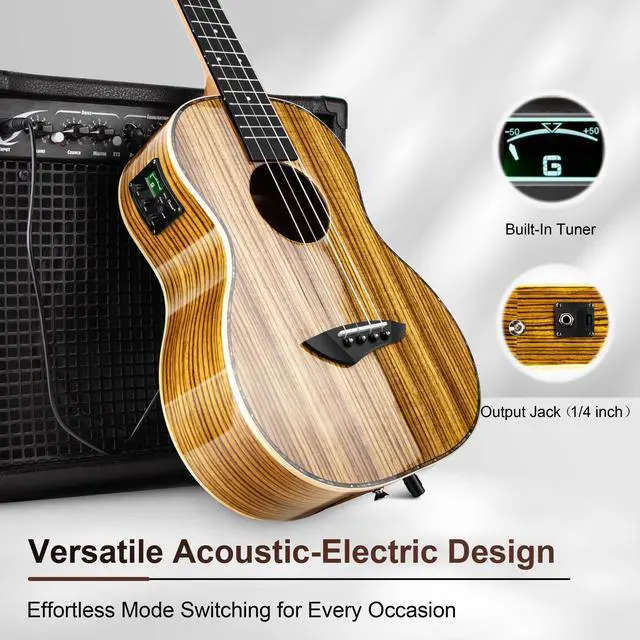Alt view image 6 of 6 - 30 inch CB103 Zebra wood High Gloss Baritone Electric Ukulele | Professional LCD color display Ukelele Kit Beginner Travel Guitar Starter Pack Bundle, Padded Gig Bag, Strap Set