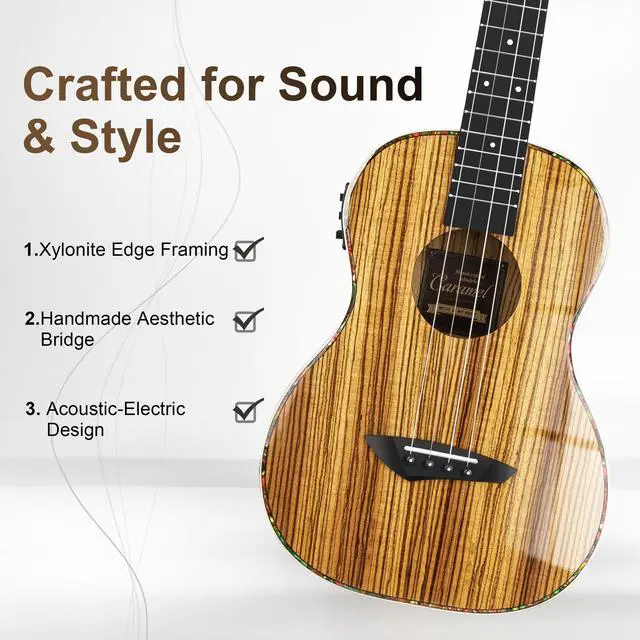Alt view image 2 of 6 - 30 inch CB103 Zebra wood High Gloss Baritone Electric Ukulele | Professional LCD color display Ukelele Kit Beginner Travel Guitar Starter Pack Bundle, Padded Gig Bag, Strap Set