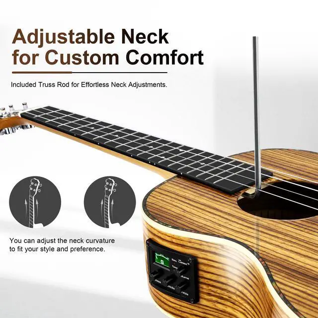 Alt view image 5 of 6 - 30 inch CB103 Zebra wood High Gloss Baritone Electric Ukulele | Professional LCD color display Ukelele Kit Beginner Travel Guitar Starter Pack Bundle, Padded Gig Bag, Strap Set