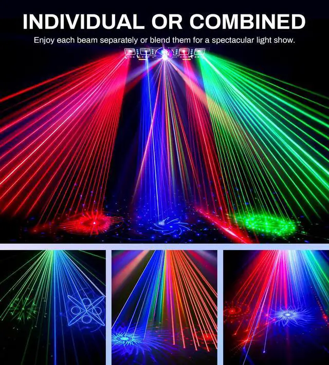 Alt view image 3 of 7 - DJ Lights for Parties, Pro 8 in 1 DMX512 Laser Light Show with Disco Ball Light, RGB and Gold Strobe,UV Black Lights-Sound Activated LED Lighting for Home, Karaoke, Clubs, Gigs, and DJ Lighting