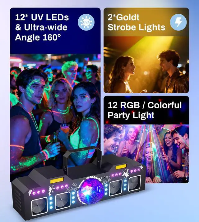 Alt view image 4 of 7 - DJ Lights for Parties, Pro 8 in 1 DMX512 Laser Light Show with Disco Ball Light, RGB and Gold Strobe,UV Black Lights-Sound Activated LED Lighting for Home, Karaoke, Clubs, Gigs, and DJ Lighting
