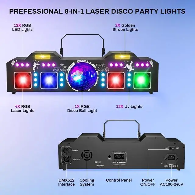 Alt view image 6 of 7 - DJ Lights for Parties, Pro 8 in 1 DMX512 Laser Light Show with Disco Ball Light, RGB and Gold Strobe,UV Black Lights-Sound Activated LED Lighting for Home, Karaoke, Clubs, Gigs, and DJ Lighting
