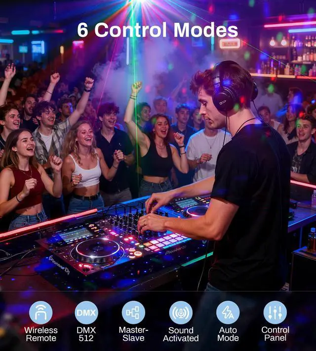 Alt view image 7 of 7 - DJ Lights for Parties, Pro 8 in 1 DMX512 Laser Light Show with Disco Ball Light, RGB and Gold Strobe,UV Black Lights-Sound Activated LED Lighting for Home, Karaoke, Clubs, Gigs, and DJ Lighting