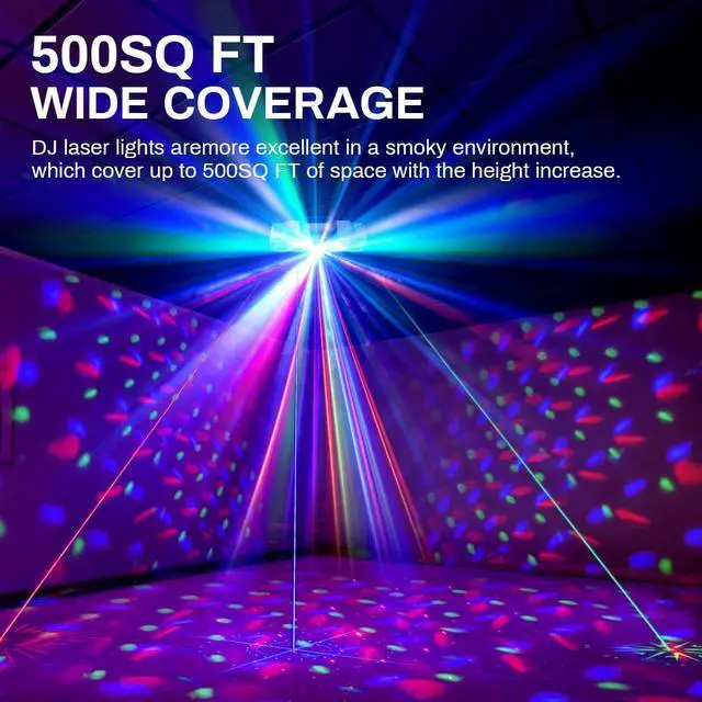 Alt view image 5 of 7 - DJ Lights for Parties, Pro 8 in 1 DMX512 Laser Light Show with Disco Ball Light, RGB and Gold Strobe,UV Black Lights-Sound Activated LED Lighting for Home, Karaoke, Clubs, Gigs, and DJ Lighting