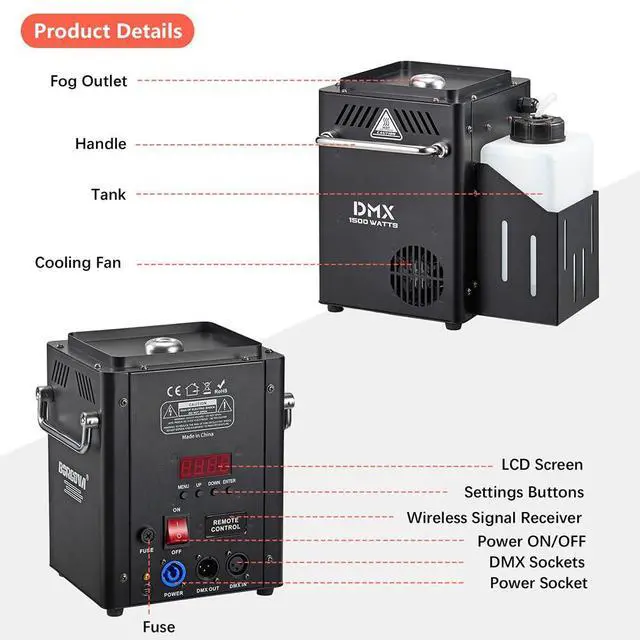 Alt view image 7 of 7 - Vertical 1500W DMX Fog Machine with Wireless Remote Timer | 1.2L Tank, 2-3 Min Warm-Up, 30ft Fog Reach, 160ft Remote, Perfect for Stage DJ Halloween Party Effects