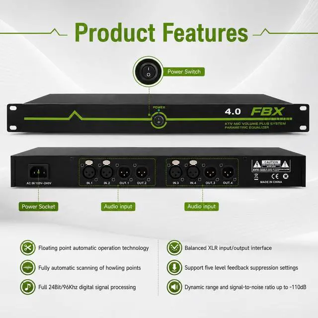 Alt view image 4 of 7 - Microphone Feedback Suppressor, 4 In 4 Out Audio Processor FBX4.0 | DSP Audio Processing; KTV Sound System Support; Conference Room Application; Rack Mount Design; Frequency Shift Function