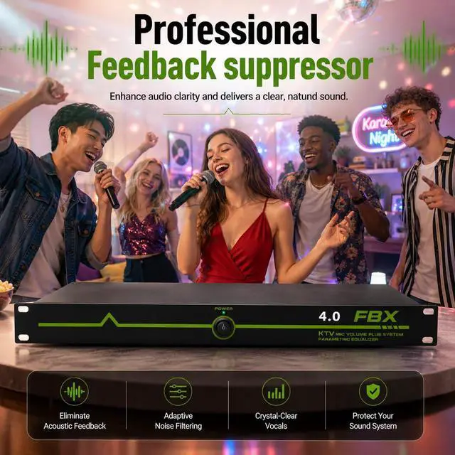 Alt view image 6 of 7 - Microphone Feedback Suppressor, 4 In 4 Out Audio Processor FBX4.0 | DSP Audio Processing; KTV Sound System Support; Conference Room Application; Rack Mount Design; Frequency Shift Function
