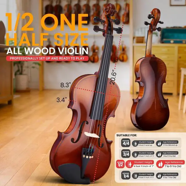 Alt view image 3 of 7 - 1/2 Size Beginner Violin Starter Kit, Violin Starter Package with Travel Case & Bow, Extra Strings, Digital Tuner, Shoulder Rest & Cleaning Cloth for Students, Kids, Adults