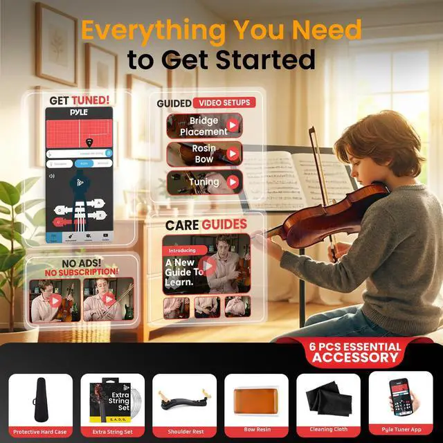 Alt view image 4 of 7 - 1/2 Size Beginner Violin Starter Kit, Violin Starter Package with Travel Case & Bow, Extra Strings, Digital Tuner, Shoulder Rest & Cleaning Cloth for Students, Kids, Adults