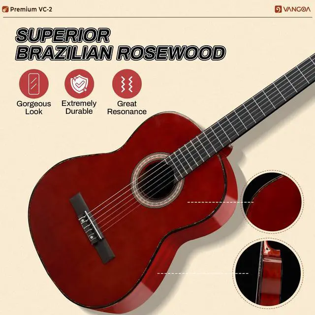 Alt view image 2 of 7 - Classical Guitar Full Size 4/4 Spanish Style Classical Guitarra, 39 Inch Nylon Strings Guitar Ideal for Beginner Adults, Solid Rosewood Red, by