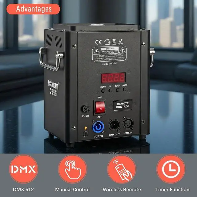 Alt view image 3 of 7 - Vertical 1500W DMX Fog Machine with Wireless Remote Timer | 1.2L Tank, 2-3 Min Warm-Up, 30ft Fog Reach, 160ft Remote, Perfect for Stage DJ Halloween Party Effects