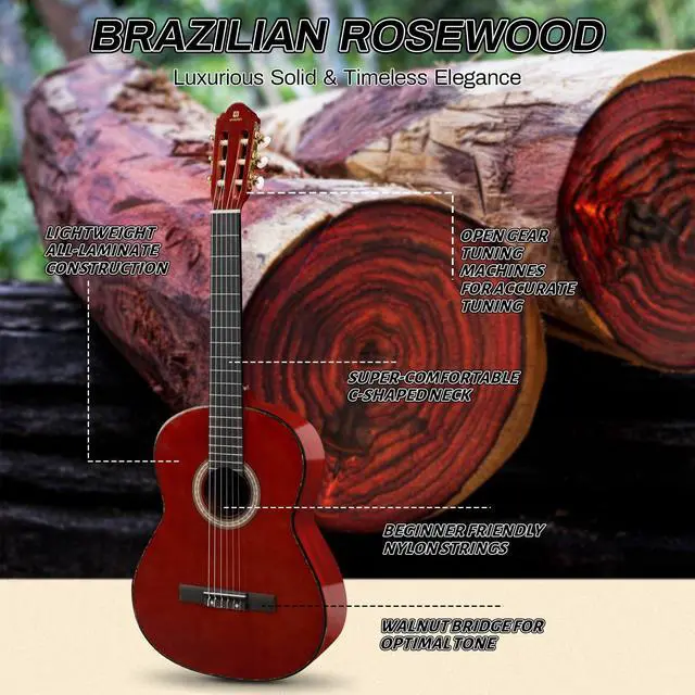 Alt view image 5 of 7 - Classical Guitar Full Size 4/4 Spanish Style Classical Guitarra, 39 Inch Nylon Strings Guitar Ideal for Beginner Adults, Solid Rosewood Red, by