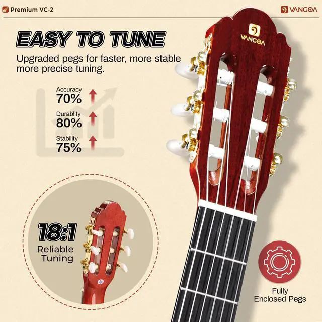 Alt view image 6 of 7 - Classical Guitar Full Size 4/4 Spanish Style Classical Guitarra, 39 Inch Nylon Strings Guitar Ideal for Beginner Adults, Solid Rosewood Red, by