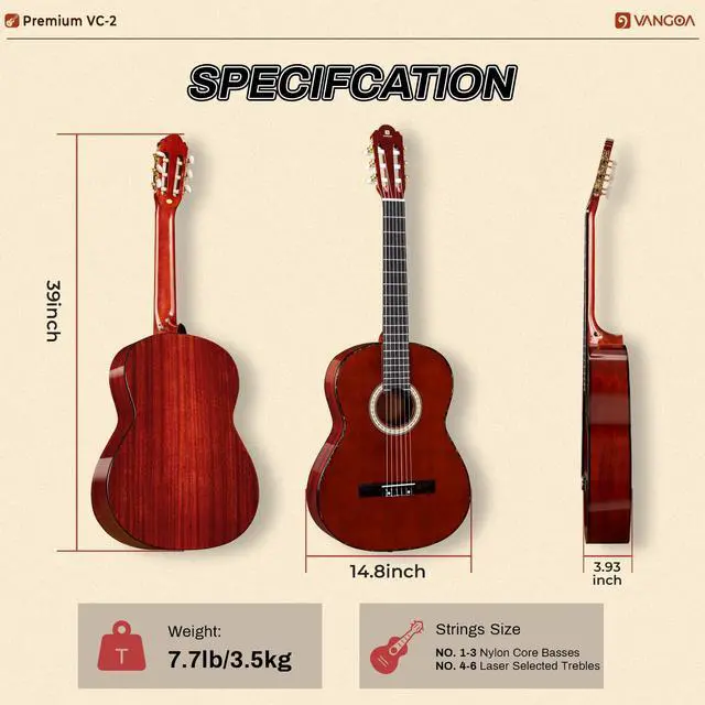 Alt view image 7 of 7 - Classical Guitar Full Size 4/4 Spanish Style Classical Guitarra, 39 Inch Nylon Strings Guitar Ideal for Beginner Adults, Solid Rosewood Red, by