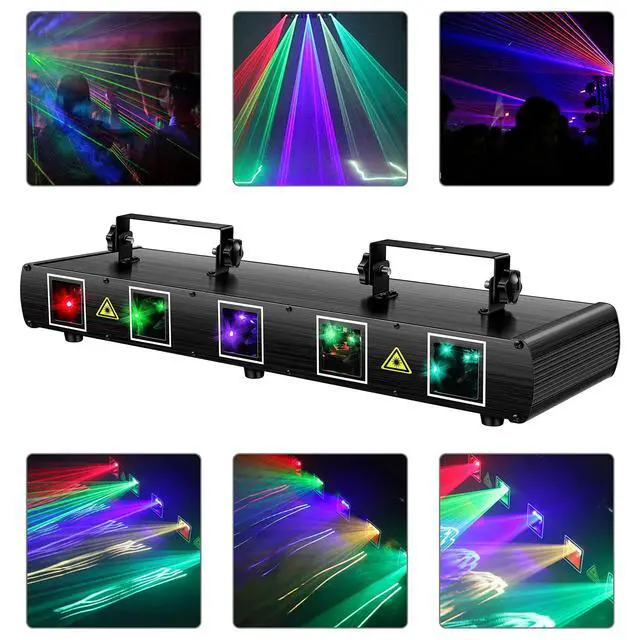 Alt view image 6 of 7 - DJ Laser Light, 5 Beam Effect Sound Activated DJ Party Lights RGBYC LED Laser Light Show with DMX Control for Disco Dancing Birthday Bar Stage Lighting
