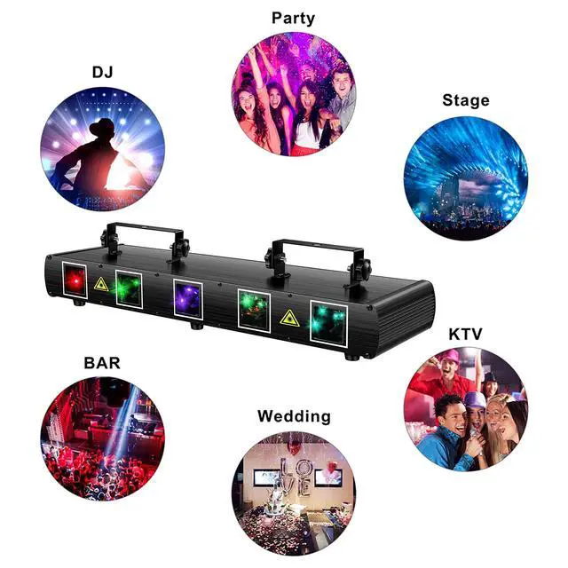 Alt view image 7 of 7 - DJ Laser Light, 5 Beam Effect Sound Activated DJ Party Lights RGBYC LED Laser Light Show with DMX Control for Disco Dancing Birthday Bar Stage Lighting