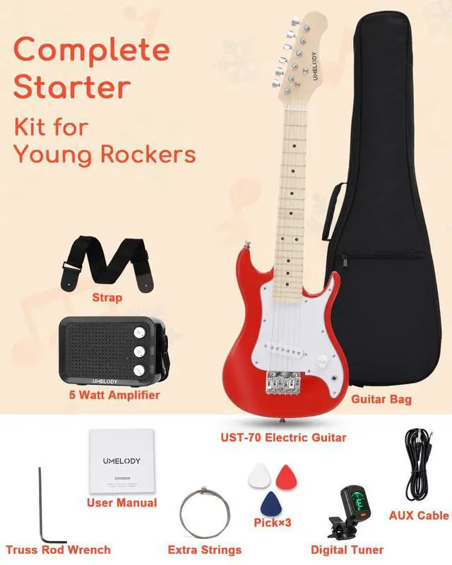 Alt view image 5 of 7 - UST-70 Kids Electric Guitar Beginner Kit with Amp, Ideal First Guitar for Starter, Lightweight 30 Inch Guitar for Boys and Girls, Fun Music Gift for Learning, Practice and Play at Home, Red