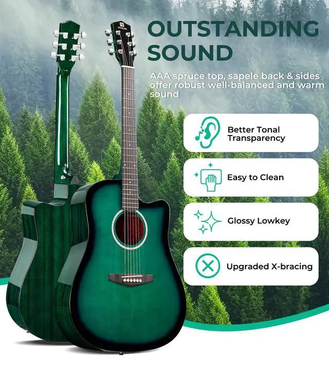 Alt view image 2 of 7 - 41" Acoustic Guitar Beginner Kit Sitka Spruce Top for Adults, Glossy Green | Dreadnought Cutaway, Sapele Back & Sides, Low-action Neck, 18:1 Sealed Tuners, Padded Gig Bag, Complete Starter Bundle