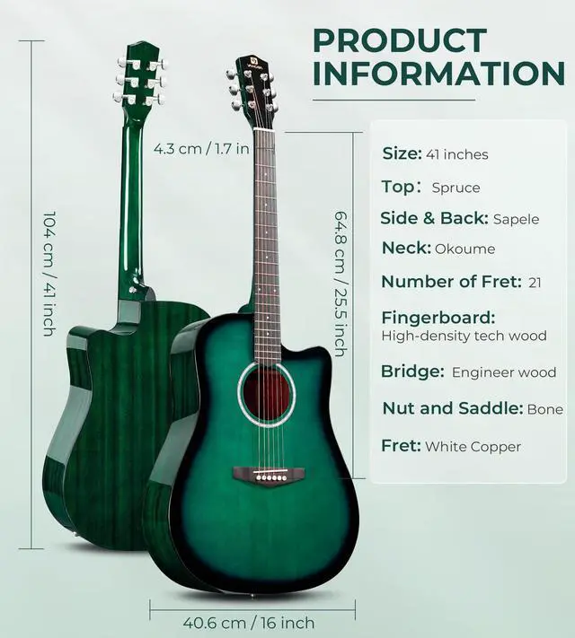 Alt view image 6 of 7 - 41" Acoustic Guitar Beginner Kit Sitka Spruce Top for Adults, Glossy Green | Dreadnought Cutaway, Sapele Back & Sides, Low-action Neck, 18:1 Sealed Tuners, Padded Gig Bag, Complete Starter Bundle