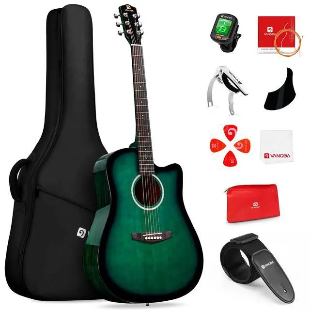 Alt view image 7 of 7 - 41" Acoustic Guitar Beginner Kit Sitka Spruce Top for Adults, Glossy Green | Dreadnought Cutaway, Sapele Back & Sides, Low-action Neck, 18:1 Sealed Tuners, Padded Gig Bag, Complete Starter Bundle