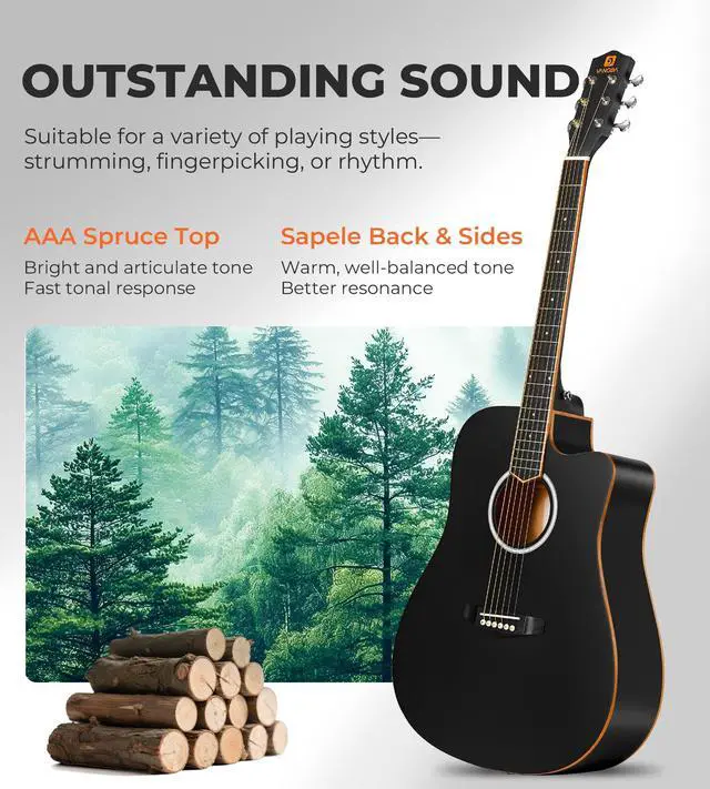 Alt view image 2 of 7 - 41" Acoustic Guitar Bundle for Adults Beginners Teens Dreadnought Full Size Cutaway Guitarra Acústica Kit with Wooden Bindings, Gig Bag, Tuner, Steel Strings, Capo, Strap, Black