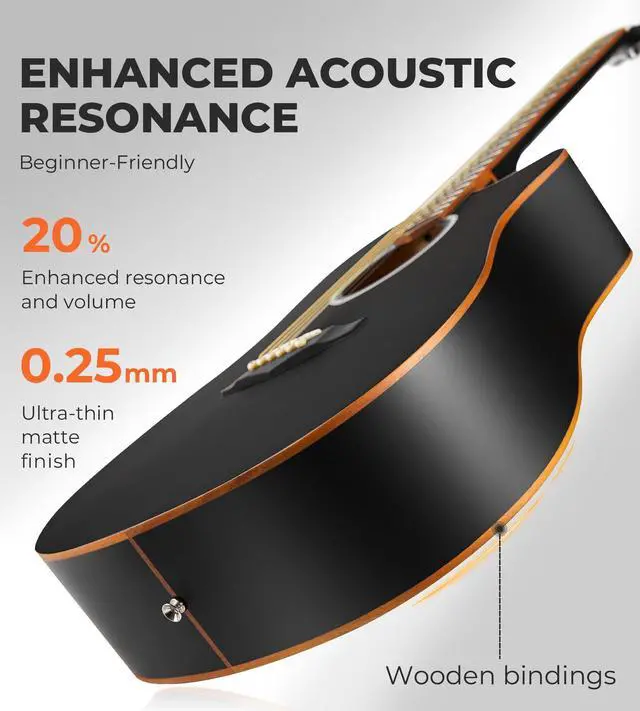 Alt view image 3 of 7 - 41" Acoustic Guitar Bundle for Adults Beginners Teens Dreadnought Full Size Cutaway Guitarra Acústica Kit with Wooden Bindings, Gig Bag, Tuner, Steel Strings, Capo, Strap, Black