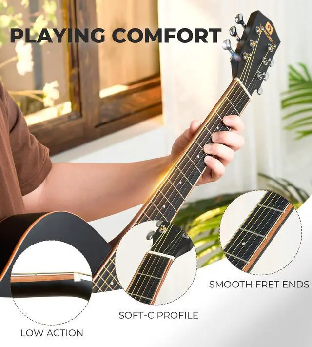 Alt view image 4 of 7 - 41" Acoustic Guitar Bundle for Adults Beginners Teens Dreadnought Full Size Cutaway Guitarra Acústica Kit with Wooden Bindings, Gig Bag, Tuner, Steel Strings, Capo, Strap, Black