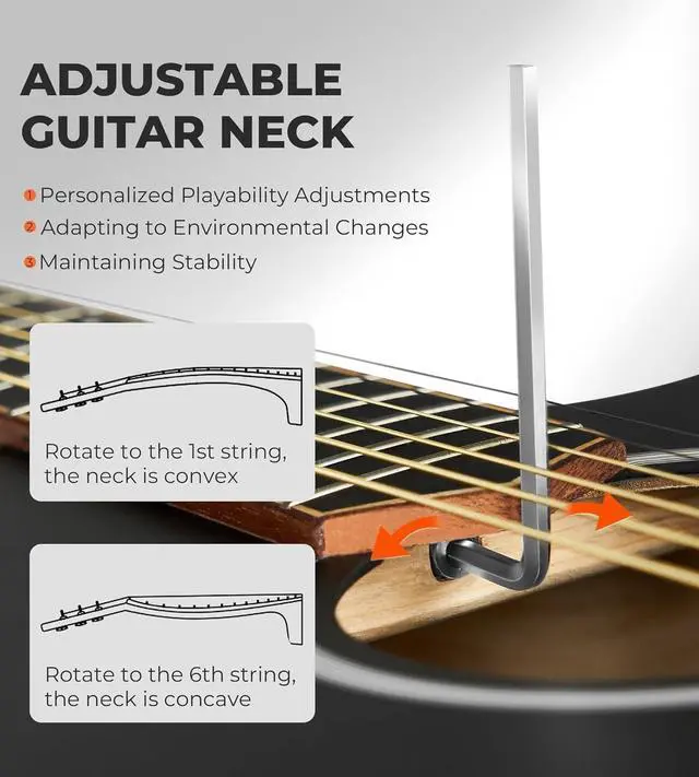 Alt view image 7 of 7 - 41" Acoustic Guitar Bundle for Adults Beginners Teens Dreadnought Full Size Cutaway Guitarra Acústica Kit with Wooden Bindings, Gig Bag, Tuner, Steel Strings, Capo, Strap, Black