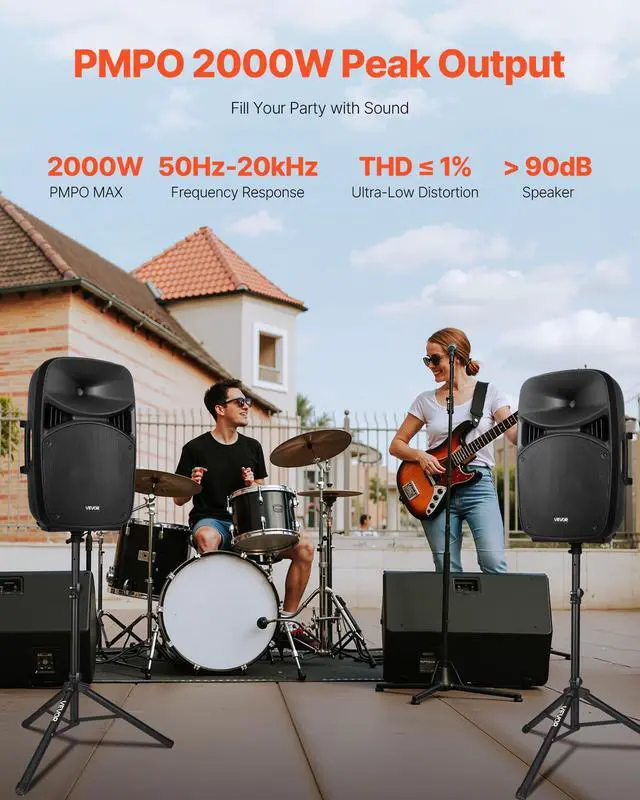 Alt view image 2 of 7 - Portable PA System, 2000W (PMPO) Powered, Sound System Set with 3 Channel Mixer, Dual Speakers, Wireless Bluetooth, Microphone, Compact Stands, USB & SD Inputs, Remote Control, for DJs Events