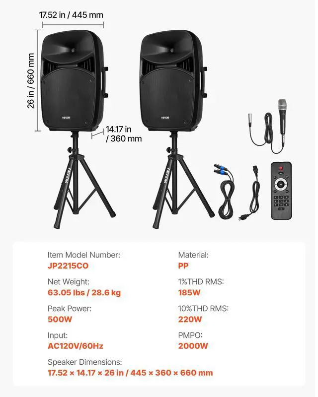 Alt view image 7 of 7 - Portable PA System, 2000W (PMPO) Powered, Sound System Set with 3 Channel Mixer, Dual Speakers, Wireless Bluetooth, Microphone, Compact Stands, USB & SD Inputs, Remote Control, for DJs Events