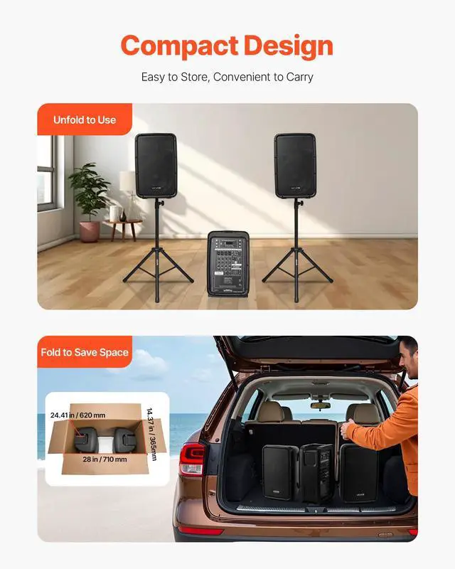 Alt view image 2 of 7 - Portable PA System with Microphone, 300W Powered, Sound System with 8 Channel Mixer, Dual 8'' Speakers, Wireless Bluetooth, Compact Stands, USB SD XLR RCA Inputs, for DJs Events Indoor &Outdoor