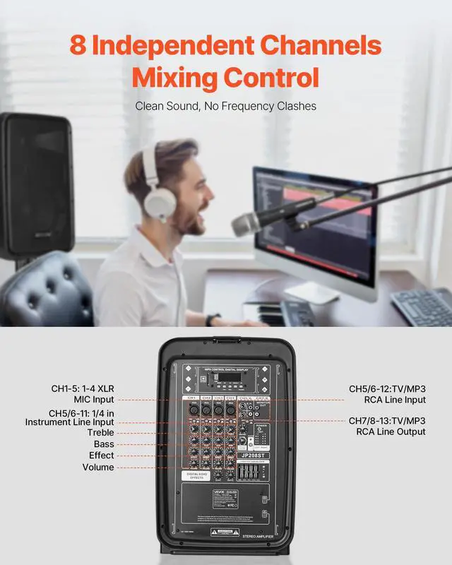 Alt view image 3 of 7 - Portable PA System with Microphone, 300W Powered, Sound System with 8 Channel Mixer, Dual 8'' Speakers, Wireless Bluetooth, Compact Stands, USB SD XLR RCA Inputs, for DJs Events Indoor &Outdoor