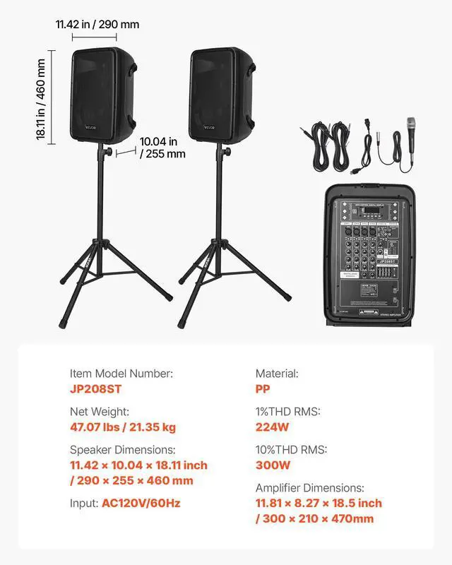 Alt view image 6 of 7 - Portable PA System with Microphone, 300W Powered, Sound System with 8 Channel Mixer, Dual 8'' Speakers, Wireless Bluetooth, Compact Stands, USB SD XLR RCA Inputs, for DJs Events Indoor &Outdoor
