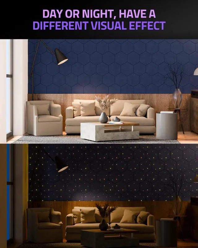 Alt view image 3 of 7 - 12 Pack Self-adhesive Sound Proof Foam Panels for Walls 12" X 10" X 0.4" - Hexagon Acoustic Panels with Fiber Optic Starlight, Stylish Soundproof Wall Panels Absorb Noise and Wall Decor Blue