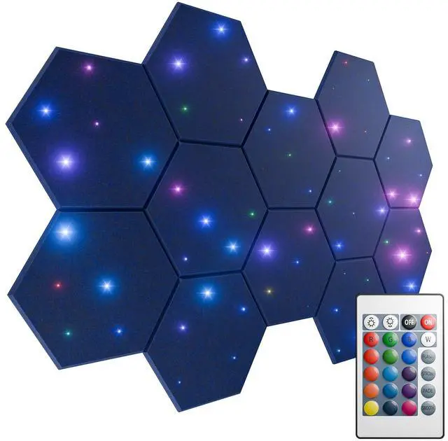 Main image of 12 Pack Self-adhesive Sound Proof Foam Panels for Walls 12" X 10" X 0.4" - Hexagon Acoustic Panels with Fiber Optic Starlight, Stylish Soundproof Wall Panels Absorb Noise and Wall Decor Blue