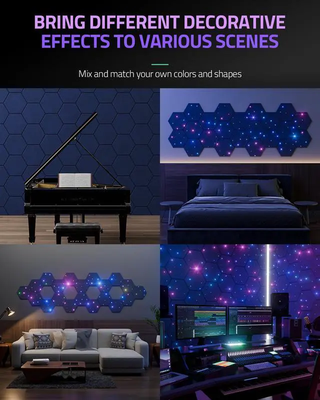 Alt view image 4 of 7 - 12 Pack Self-adhesive Sound Proof Foam Panels for Walls 12" X 10" X 0.4" - Hexagon Acoustic Panels with Fiber Optic Starlight, Stylish Soundproof Wall Panels Absorb Noise and Wall Decor Blue
