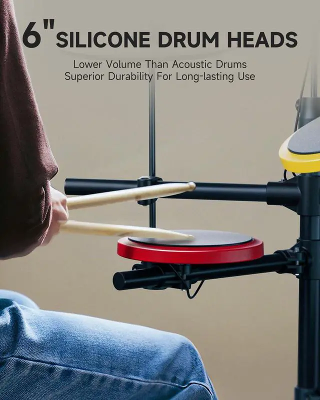Alt view image 3 of 7 - DED-70SE Electric Drum Set for Kids, Electronic Drums with 4 Quiet Silicone Pads, 9" Cymbals, 150 Sounds, 15 Kits, USB MIDI, Type-C Charging Port, Throne, Headphones, Sticks, Melodics Lessons