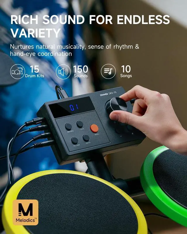 Alt view image 2 of 7 - DED-70SE Electric Drum Set for Kids, Electronic Drums with 4 Quiet Silicone Pads, 9" Cymbals, 150 Sounds, 15 Kits, USB MIDI, Type-C Charging Port, Throne, Headphones, Sticks, Melodics Lessons
