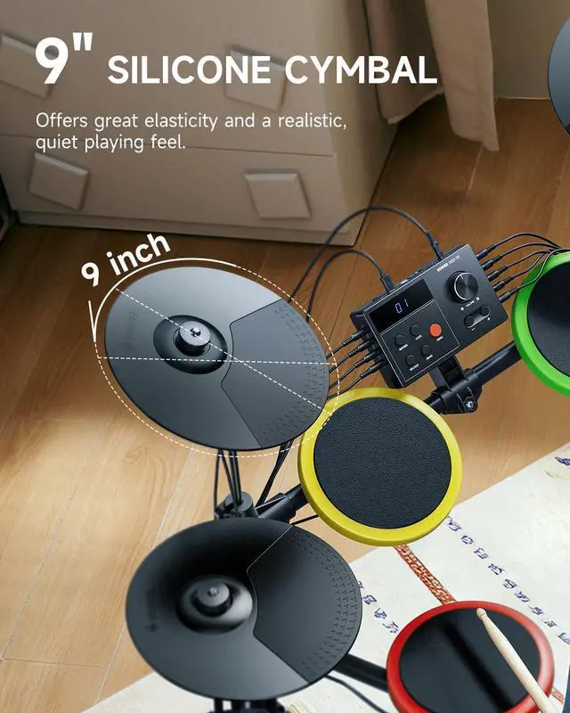 Alt view image 4 of 7 - DED-70SE Electric Drum Set for Kids, Electronic Drums with 4 Quiet Silicone Pads, 9" Cymbals, 150 Sounds, 15 Kits, USB MIDI, Type-C Charging Port, Throne, Headphones, Sticks, Melodics Lessons