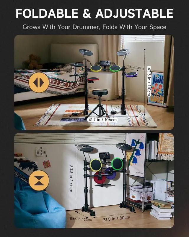Alt view image 6 of 7 - DED-70SE Electric Drum Set for Kids, Electronic Drums with 4 Quiet Silicone Pads, 9" Cymbals, 150 Sounds, 15 Kits, USB MIDI, Type-C Charging Port, Throne, Headphones, Sticks, Melodics Lessons