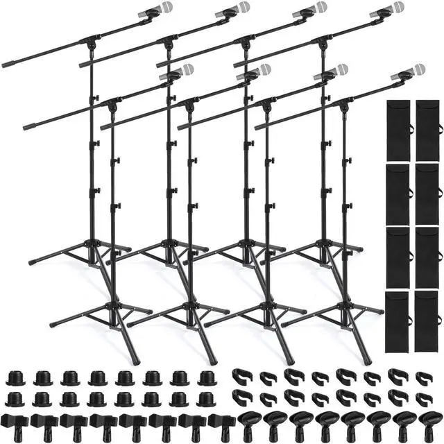 Main image of 8 Pcs Tripod Microphone Stand Boom Arm Floor Mic Stand with Carrying Bag and Mic Clips for Singing Stage Wedding Karaoke Church (Classic Style)